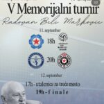 Najava V Memorijalnog turnira „Radovan Beli Marković“ u Hali sportova u Lajkovcu 11. i 12. septembra 2026. godine, uz raspored utakmica i učesnike.
