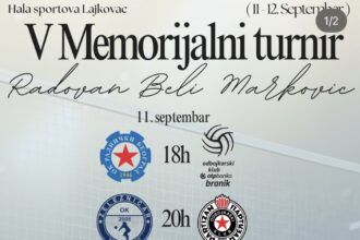 Najava V Memorijalnog turnira „Radovan Beli Marković“ u Hali sportova u Lajkovcu 11. i 12. septembra 2026. godine, uz raspored utakmica i učesnike.