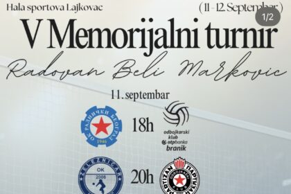 Najava V Memorijalnog turnira „Radovan Beli Marković“ u Hali sportova u Lajkovcu 11. i 12. septembra 2026. godine, uz raspored utakmica i učesnike.
