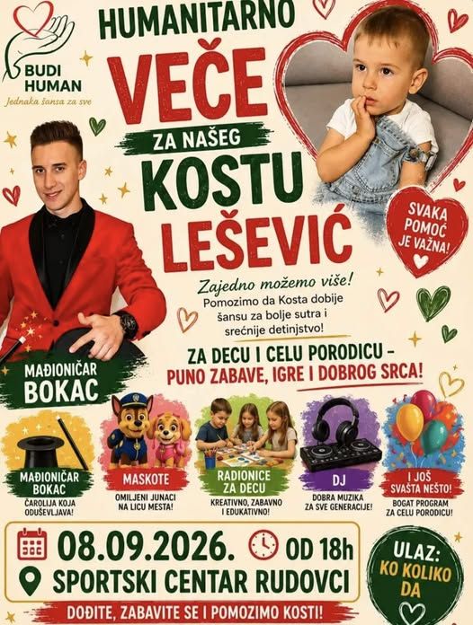 Humanitarno veče za Kostu Leševića: Sportski centar Rudovci večeras domaćin manifestacije za malog dečaka