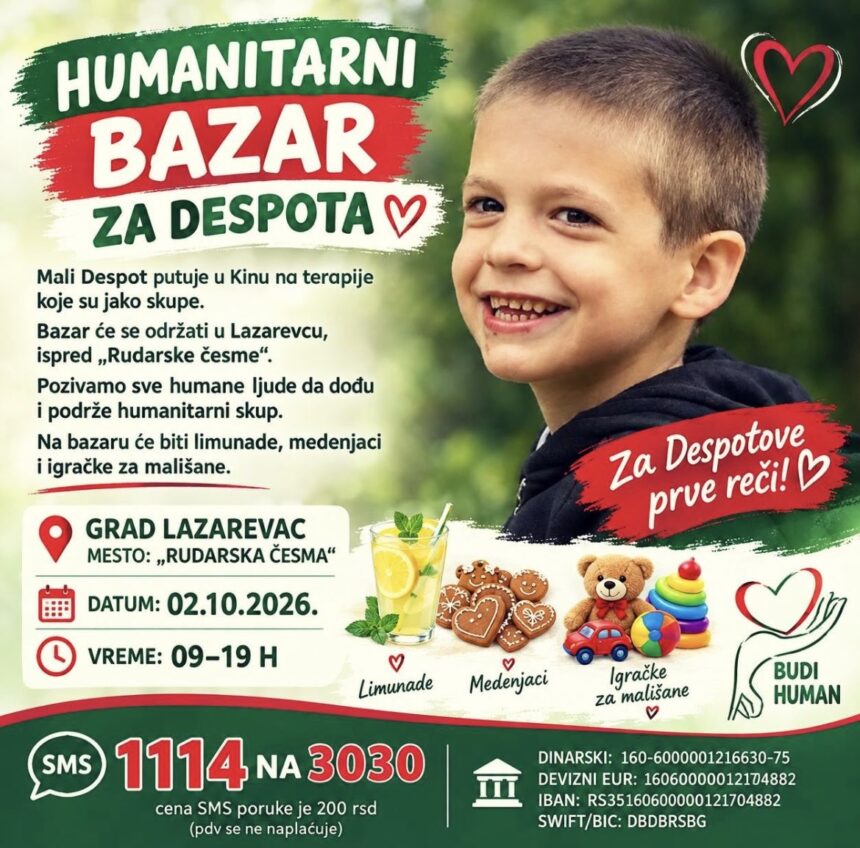 Humanitarni bazar za malog Despota u Lazarevcu: Sakupljaju se sredstva za terapije u Kini